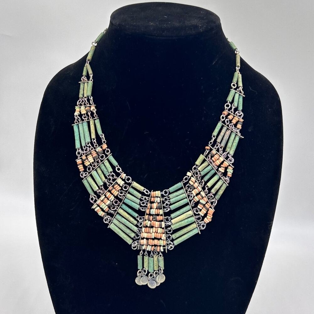 Vintage Egyptian Revival Clay Necklace Cleopatra/Tribal Style Bib Statement Boho